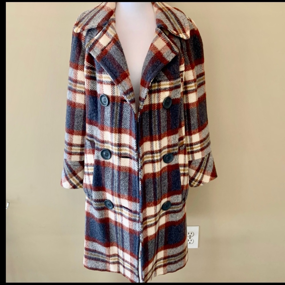 Vintage 70s STUNNING ILGWU plaid trench pea coat oversized collar SM